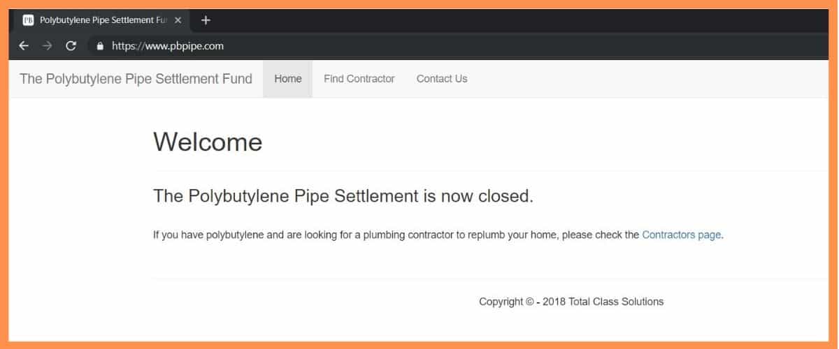 screenshot of closed settlement funds for polybutylene piping screenshot of closed settlement funds for polybutylene piping