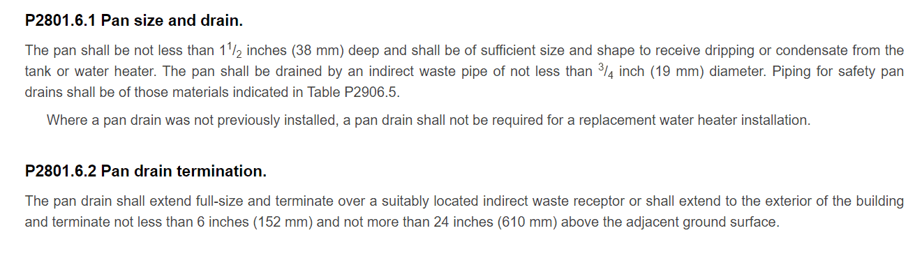 IRC Code For Water Heater Drain Pipe